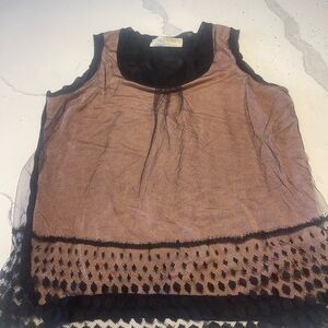 Valentino Women's Black and Tan Sheer Blouse Valentino Roma Sheer Lace Top